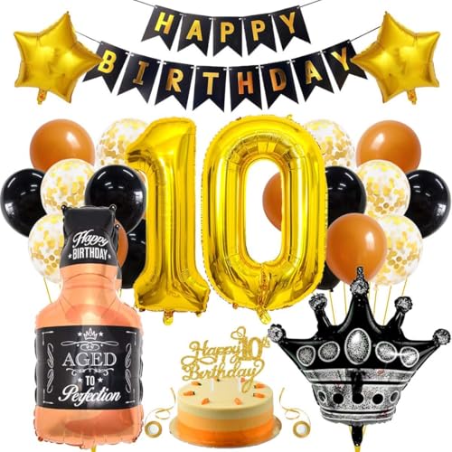 SNOWZAN 10 Geburtstag Deko Junge Mädchen Schwarzes Gold Luftballons Tortendeko 10.geburtstagsdeko 10. Geburtstag Mädchen 10.luftballons Happy Birthday Banner 10 Jahre Happy Birthday Geburtstagdeko von SNOWZAN