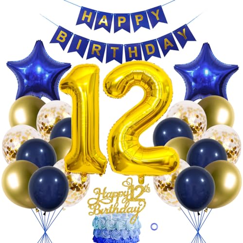 SNOWZAN 12 Geburtstag Deko Junge Mädchen Ballon Deko 12. Geburtstagsdeko Junge Marinebla Gold Geburtstag Tortendeko 12. Geburtstag Deko Luftballon 12.geburtstag Happy Birthday Banner Für Party von SNOWZAN