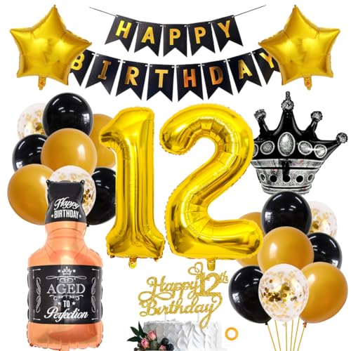 SNOWZAN 12 Geburtstag Deko Junge Mädchen Schwarzes Gold Luftballons Tortendeko 12.geburtstagsdeko 12. Geburtstag Mädchen 12.luftballons Happy Birthday Banner 12 Jahre Happy Birthday Geburtstagdeko von SNOWZAN