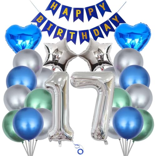 SNOWZAN 23 Stück Deko 17. Geburtstag Junge Blau Silber Set 17. Geburtstag Luftballon Blau Silber Happy Birthday 17 Jahre Girlande Geburtstag Ballon 17. Geburtstag Junge Partydeko Geburtstagsdeko von SNOWZAN