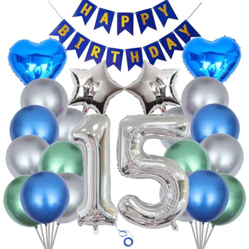 SNOWZAN 23 Stück Luftballon 15.Geburtstag Junge Mädchen Blau Silber deko Geburtstagsdeko Mann 15 Jahre Deko Blau Silber 15. Geburtstag Party Ballons Junge Deko zum 15 Geburtstag Luftballon von SNOWZAN