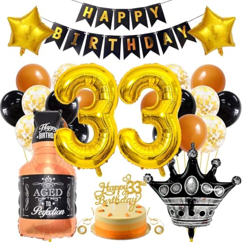 SNOWZAN 33 Geburtstag Deko Mann Frauen Schwarz Gold Party Deko 33 Geburtstag Männer Frauen Deko 33. Geburtstag Mann Geburtstagsdeko 33 Mann Happy Birthday Girlande Luftballon 33.geburtstag Mann Frau von SNOWZAN