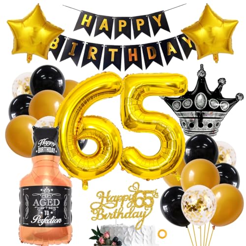 SNOWZAN 65 Geburtstag Deko Mann Frauen Schwarz Gold Party Deko 65 Geburtstag Männer Frauen Deko 65. Geburtstag Mann Geburtstagsdeko 65 Mann Happy Birthday Girlande Luftballon 65.geburtstag Mann Frau von SNOWZAN