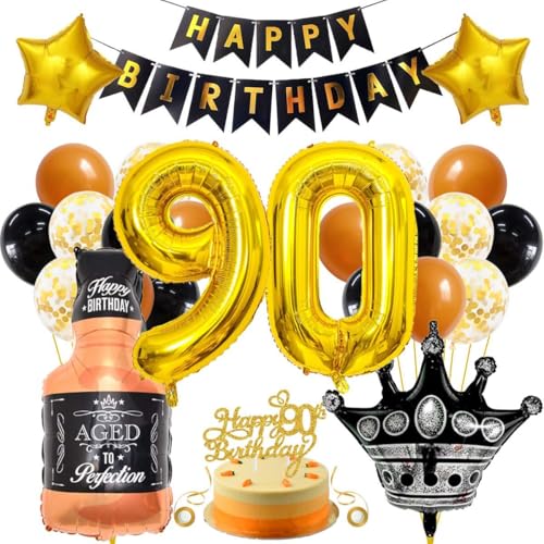 SNOWZAN 90 Geburtstag Deko Mann Frauen Schwarz Gold Party Deko 90 Geburtstag Männer Frauen Deko 90. Geburtstag Mann Geburtstagsdeko 90 Mann Happy Birthday Girlande Luftballon 90.geburtstag Mann Frau von SNOWZAN