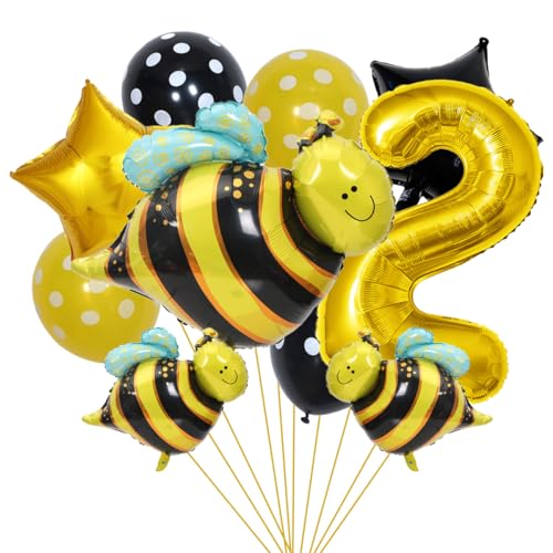 SNOWZAN Bienen Geburtstagsdeko 2. Geburtstag Mädchen Junge Biene Deko Luftballons Biene 2 Jahre Geburtstag Deko Gelb Bienen Folienballon Zahlen Ballon Zahl 2 Für Biene Kinder Geburtstag Bee Party von SNOWZAN