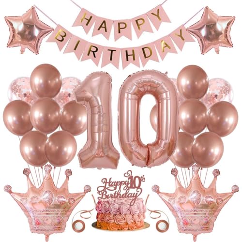 SNOWZAN Deko 10 Geburtstag Mädchen Partydeko Geburtstagsdeko Luftballons 10.geburtstag Deko Mädchen Rosegold Tortendeko 10.geburtstagsdeko 10 Mädchen 10 Jahre Geburtstag Deko Happy Birthday Banner von SNOWZAN