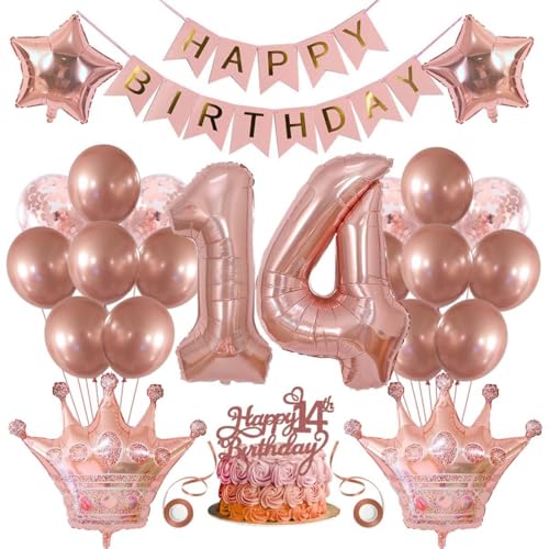 SNOWZAN Deko 14 Geburtstag Mädchen Partydeko Geburtstagsdeko Luftballons 14.geburtstag Deko Mädchen Rosegold Tortendeko 14.geburtstagsdeko 14 Mädchen 14 Jahre Geburtstag Deko Happy Birthday Banner von SNOWZAN