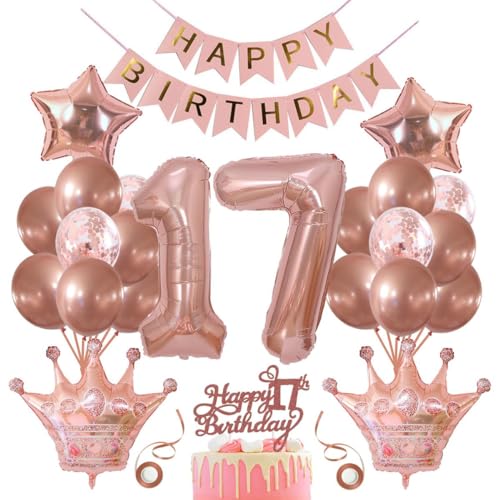 SNOWZAN Deko 17 Geburtstag Mädchen Partydeko Geburtstagsdeko Luftballons 17.geburtstag Deko Mädchen Rosegold Tortendeko 17.geburtstagsdeko 17 Mädchen 17 Jahre Geburtstag Deko Happy Birthday Banner von SNOWZAN