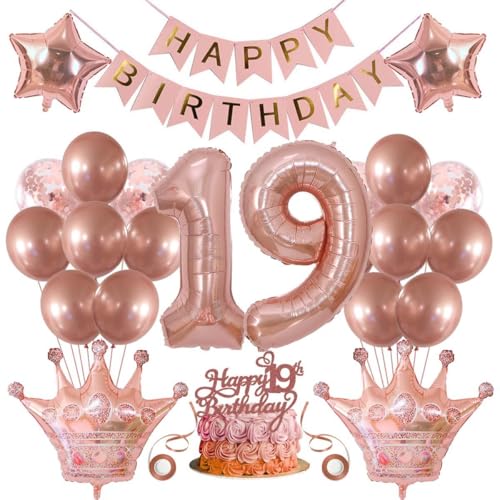 SNOWZAN Deko 19 Geburtstag Mädchen Partydeko Geburtstagsdeko Luftballons 19.geburtstag Deko Mädchen Rosegold Tortendeko 19.geburtstagsdeko 19 Mädchen 19 Jahre Geburtstag Deko Happy Birthday Banner von SNOWZAN