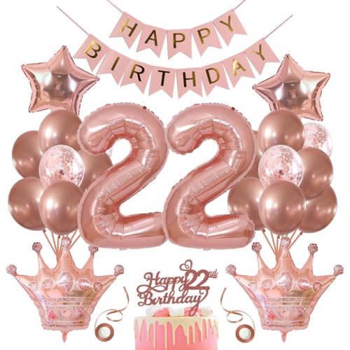 SNOWZAN Deko 22 Geburtstag Mädchen Partydeko Geburtstagsdeko Luftballons 22.geburtstag Deko Mädchen Rosegold Tortendeko 22.geburtstagsdeko 22 Mädchen 22 Jahre Geburtstag Deko Happy Birthday Banner von SNOWZAN