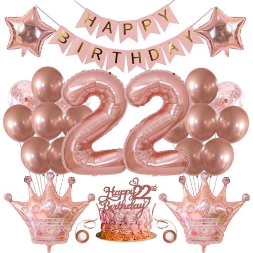 SNOWZAN Deko 22 Geburtstag Mädchen Partydeko Geburtstagsdeko Luftballons 22.geburtstag Deko Mädchen Rosegold Tortendeko 22.geburtstagsdeko 22 Mädchen 22 Jahre Geburtstag Deko Happy Birthday Banner von SNOWZAN