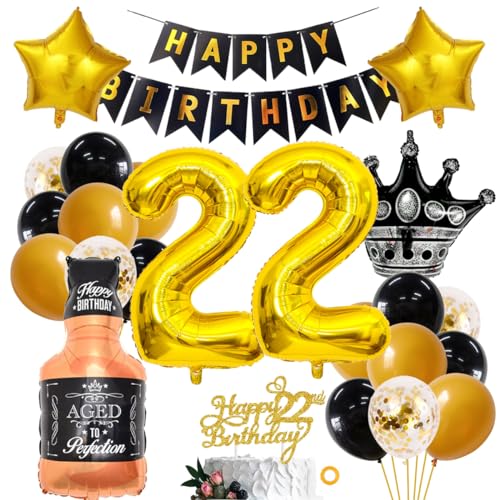 SNOWZAN Luftballon 22.geburtstag Junge Mädchen 22 Geburtstagdeko Happy Birthday Deko 22 Geburtstag Mädchen 22 Party Deko Schwarze Gold 22 Jahre Geburtstagdeko 22 Ballon Deko 22er Deko Geburtstag von SNOWZAN