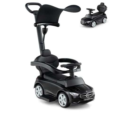 SOARS 3-in-1 Mercedes-Benz Rutschauto, Rutschfahrzeug mit Abnehmbarer Schiebstange, verstellbarem Sonnendach, Hupe, Stauraum, Spielzeugauto für Kinder ab 1 Jahr (Schwarz) von SOARS