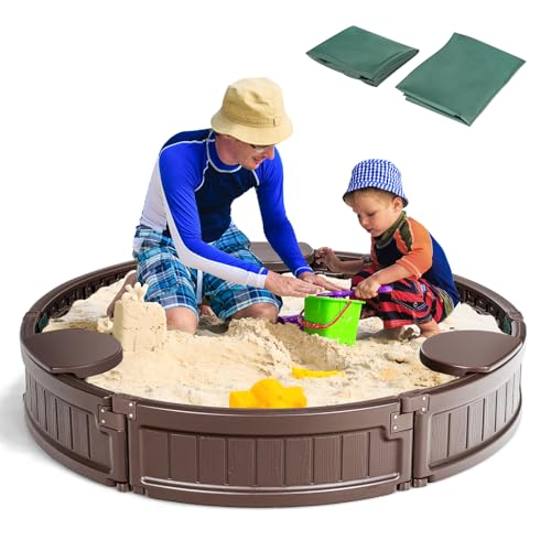 SOARS Sandkasten mit Abdeckung, runder Sandbox 3 Ecksitzen & Bodenauskleidung, Sandkist für Hinterhof, Strand, Garten von SOARS