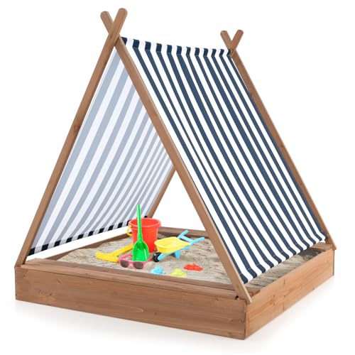 SOARS Sandkasten mit Dach 120x120cm, Sandkiste aus Tannenholz mit 2 Sitzbänken, Sandbox für Garten, Balkon & Strand von SOARS