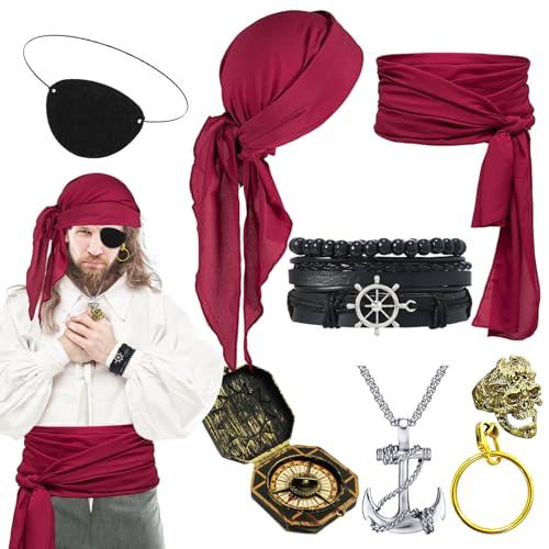 8 Stück Piratenkostüm Zubehör Damen Herren, Mittelalter Piraten Kostüm Piraten Kopftuch Pirat Augenklappe Anker Halskette Armband Goldene Ohrringe Totenkopfring für Karneval Halloween Cosplay von SOETDERT