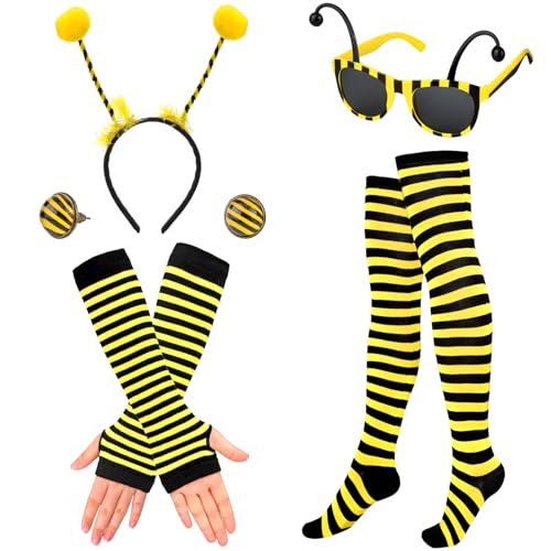 Bienen Kostüm Damen Mädchen, 5stk Bienenkostüm Erwachsene, Bienenkostüm Kinder, Bienen Haarreif Biene Brille Biene Handschuhe Strumpf Gestreifte Ohrringe, Karneval Kostüm Damen Cosplay Fasching von SOETDERT