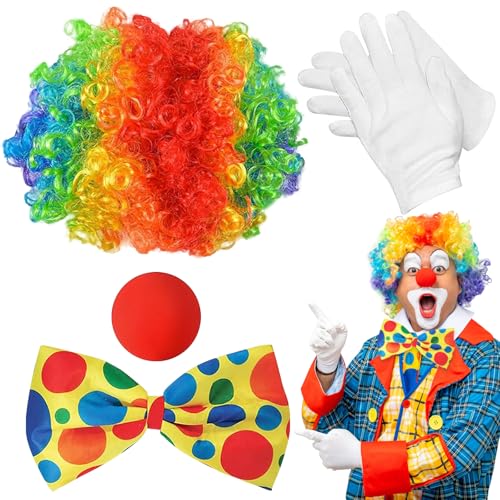 Clown Kostüm Accessoire, 4 Stück Clown Kostüm Set, Clown Perücke mit Clownsnase Rot, Bunte Krawatte, Handschuhe, Clownskostüm Karneval Kostüme für Kinder Damen Herren Fasching Halloween Cosplay von SOETDERT