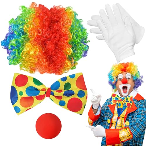 Clown Kostüm Accessoire, 4 Stück Clown Kostüm Set, Clown Perücke mit Clownsnase Rot, Bunte Krawatte, Handschuhe, Clownskostüm Karneval Kostüme für Kinder Damen Herren Fasching Halloween Cosplay von SOETDERT