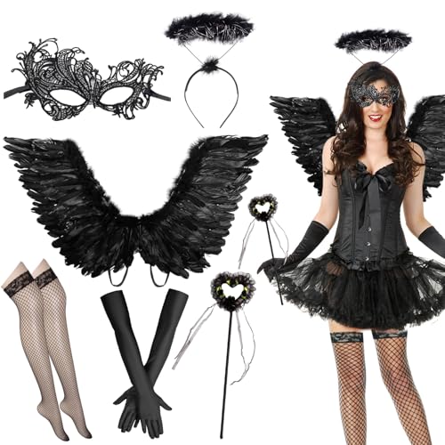 Engelsflügel Schwarz, Engel Kostüm Damen, Schwarzer Flügel Kostüm mit Heiligenschein und Zauberstab, Schwarze Flügel Halloween Kostüm Damen, Engelsflügel für Halloween Karneval Cosplay Party von SOETDERT