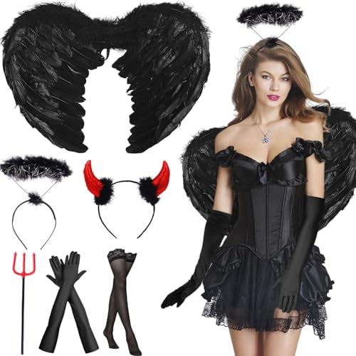 Engelsflügel Schwarz, Teufel Kostüm Schwarz Engel Kostüm Damen, Schwarzer Engel Kostüm Damen, Engel Teufel Flügel Kostüm für Damen Mädchen Kinder, Halloween Kostüm Damen Karneval Cosplay von SOETDERT