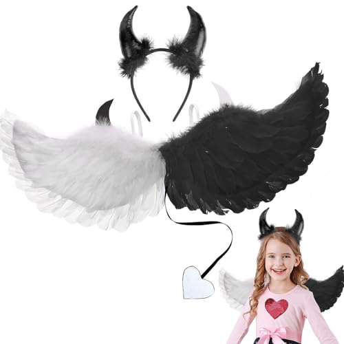 Engel Flügel Kostüm, 2 STK Engelsflügel Schwarz Weiß mit Teufelshörner, Engel Teufel Kostüm Damen Mädche Kinder, Angel Wings für Fasching Karneval Cosplay Party Kostüme, 62cm (Schwarz Weiß) von SOETDERT