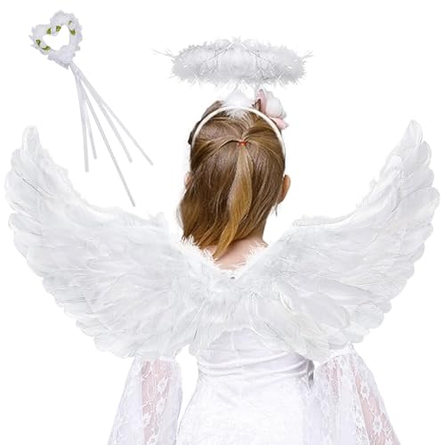 Engelsflügel, 60 cm Federflügel Engel Weiß, Engel Flügel Set mit Heiligenschein und Zauberstab, Engelsflügel Deko, Engel Kostüm Damen Kinder für Halloween Fasching Karneval Cosplay Party von SOETDERT