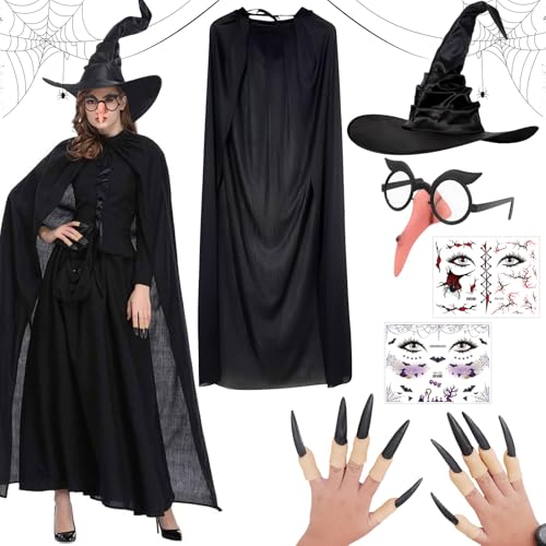 SOETDERT Hexenkostüm Damen Halloween, Hexenumhang Hexenhut Damen, Hexe Kostüm, Hexen Accessoires Damen mit Hexennase Lang, Vampir Umhang, Halloween Fasching Kostüme für Damen Frauen von SOETDERT