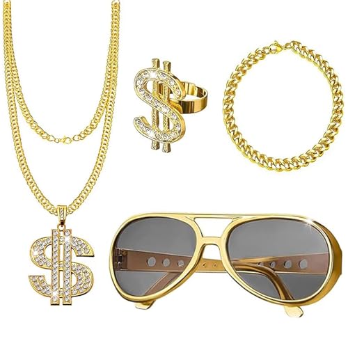 SOETDERT 4St Dollar Kette Hiphop Kostüm Set, 80er 90er Jahre Accessoires Retro Outfit, Herren Zuhälter Kostüm, Goldkette Dollar Ring Rapper Kostüm, Mottopartys Fasching Karneval Accessoires von SOETDERT