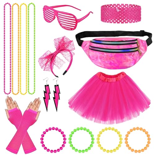 SOETDERT 80er Jahre Outfit Damen Set, 90er Jahre Accessoires Kleidung, Aerobic Outfit Kostüm Bauchtasche,Stirnband,Ohrring Halskette,Brille, Retro Neonrosa Fasching Party Karneval Kostüm Zubehör (A) von SOETDERT