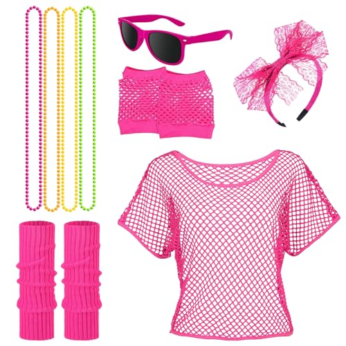 SOETDERT 80er Jahre Outfit Damen Set, 90er Jahre Accessoires Kleidung, Aerobic Outfit Kostüm Netzshirt, Beinwärmer,Stirnband, Halskette, Retro Neonrosa Fasching Party Karneval Kostüm Zubehör (B) von SOETDERT