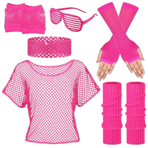 SOETDERT 80er Jahre Outfit Damen Set, 90er Jahre Accessoires Kleidung, Aerobic Outfit Kostüm Netzshirt Handschuhe, Beinwärmer, Stirnband, Retro Neonrosa Fasching Party Karneval Kostüm Zubehör (D) von SOETDERT