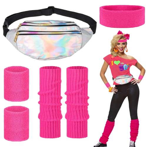 SOETDERT 80er Jahre Outfit Damen Set, 90er Jahre Accessoires Kleidung, Aerobic Outfit Kostüm mit Bauchtasche, Stirnband, Beinwärmer, Retro Neonrosa Fasching Party Karneval Kostüm Zubehör (C) von SOETDERT