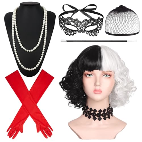 SOETDERT Cruella Kostüm Damen, 70er Jahre Accessoires, Halloween Kostüm Damen, Kurze Schwarz und Weiß Perücke, Handschuhe, Halskette, Spitze Maske Kostüm Set für Karneval Fasching Cosplay von SOETDERT