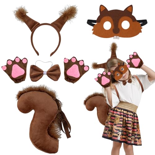 Eichhörnchen Kostüm Kinder, 5 Stück Eichhörnchen Kostüm Accessoire, Tierkostüm Kinder, Eichhörnchen Ohren Stirnband Schwanz, Tier Eichhörnchen Kostüm Set für Mädchen Karneval Fasching Cosplay Party von SOETDERT