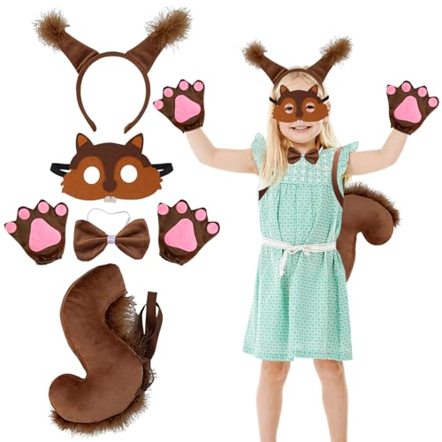 SOETDERT Eichhörnchen Kostüm, Tier Kostüm Kinder Erwachsene Karneval Kostüm, Eichhörnchen Stirnband Ohren Schwanz Tiermasken Fliege, Tierkostüm für Karneval Fasching Halloween Cosplay Party von SOETDERT