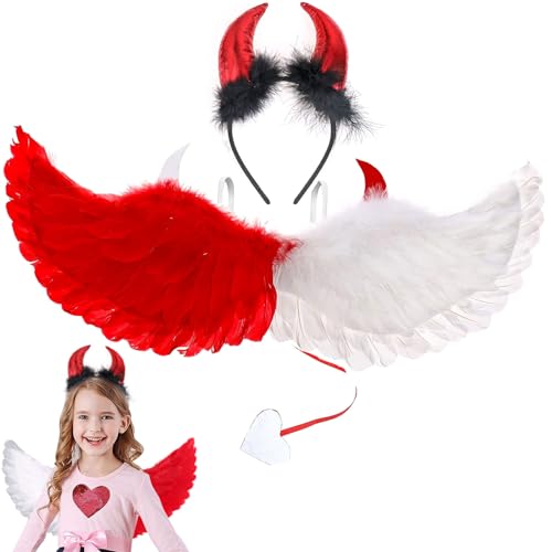 SOETDERT Engel Flügel Kostüm, 2 STK Engelsflügel Rot Weiß mit Teufelshörner, Engel Teufel Kostüm Damen Mädche Kinder, Angel Wings für Fasching Karneval Cosplay Party Kostüme, 62cm (Rot Weiß) von SOETDERT