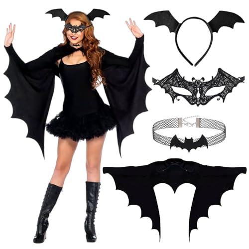 SOETDERT Fledermaus Kostüm Damen, Fledermaus Umhang Halloween Kostüm, Faschingskostüme Damen, Fledermausflügel Erwachsene mit Maske, Haarreif, Vampire Karneval Halloween Party Outfit von SOETDERT