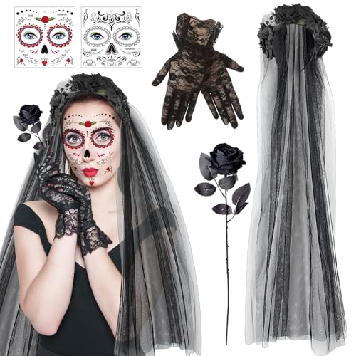 SOETDERT Halloween Kostüm Damen, Dia de los Muertos Kostüm, Tag der Toten Haarreif Schleier mit Rosen Totenkopf Gesicht Tattoo, Halloween Haarschmuck für Halloween, Karneval Kostüm Accessoires von SOETDERT