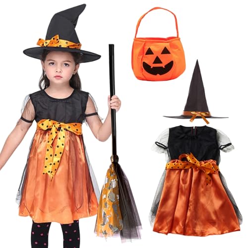 SOETDERT Hexenkostüm Kinder, Halloween Kostüm Hexe Mädchen, Halloween Hexenkleid mit Hexenhut, Sammeltasche Kürbis, Hexenbesen, Hexen Kostüm für Kinder Karneval Party Cosplay (120cm, Orange) von SOETDERT