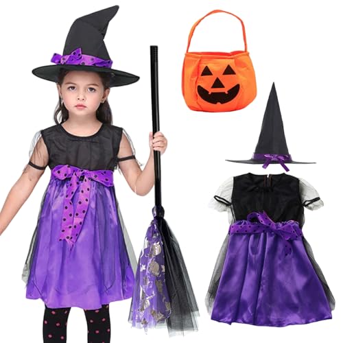 SOETDERT Hexenkostüm Kinder, Halloween Kostüm Hexe Mädchen, Halloween Hexenkleid mit Hexenhut, Sammeltasche Kürbis, Hexenbesen, Hexen Kostüm für Kinder Karneval Party Cosplay (120cm, Lila) von SOETDERT