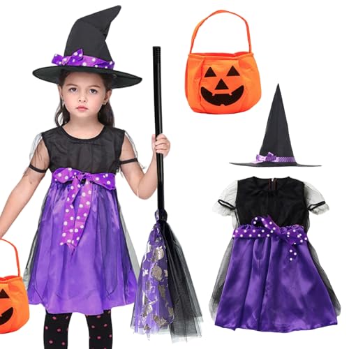 SOETDERT Hexenkostüm Kinder, Halloween Kostüm Hexe Mädchen, Halloween Hexenkleid mit Hexenhut, Sammeltasche Kürbis, Hexenbesen, Hexen Kostüm für Kinder Karneval Party Cosplay (120cm, Lila) von SOETDERT