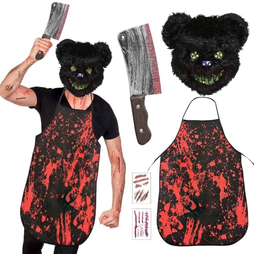 SOETDERT Horror-Bär Kostüm, Halloween Kostüm Herren, Halloween Maske Horror Bärenmaske, Gruselige Bären Masken, Blutige Schürze, Trending Kostüm Fasching Karneval Outfit Erwachsene von SOETDERT