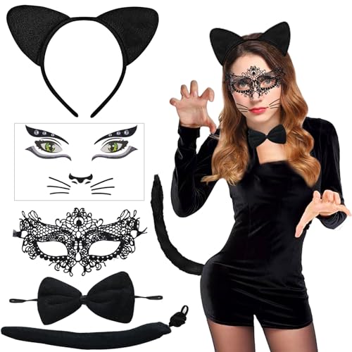 SOETDERT Katzenohren Haarreif Katzenkostüm Damen 5 Stück, Katze Schwanz Fliege Katzemask Handschuhe Katze Kostüm Accessorie für Damen, Frauen, Mädchen, Katzenkostüm Set Karneval Cosplay Faschings von SOETDERT