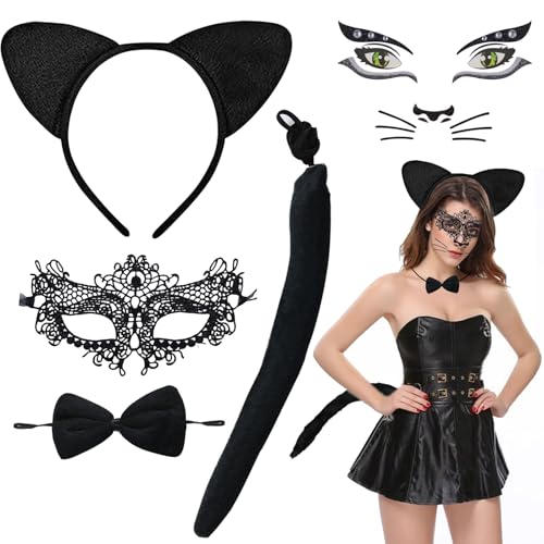 SOETDERT Katzenohren Haarreif Katzenkostüm Damen 5 Stück, Katze Schwanz Fliege Katzemask Handschuhe Katze Kostüm Accessorie für Damen, Frauen, Mädchen, Katzenkostüm Set Karneval Cosplay Faschings von SOETDERT