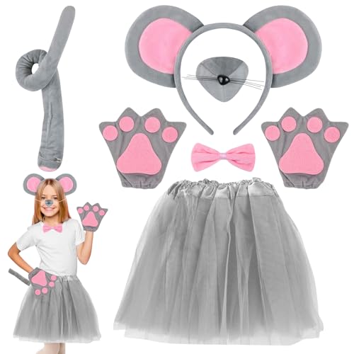 Maus Kostüm, 7 Stück Mauskostüm Damen Kinder mit Maus Ohren Haarreif, Tüllrock, Nase, Schwanz, Handschuhe, Fliege, Tier Kostüm Kinder Accessorie Karneval Kostüm Halloween Mottoparty Damen Mädchen von SOETDERT