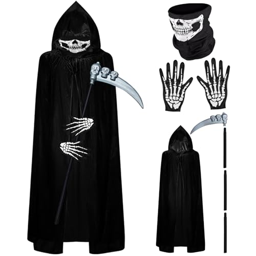 SOETDERT Sensenmann Kostüm, Halloween Kostüm Sensenmann mit Sense, Schädelmaske, Umhang, Handschuhe, Halloween Umhang Sensenmann Kostüm Kinder für Halloween Karneval Cosplay von SOETDERT