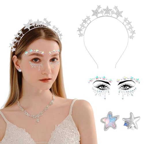 SOETDERT Sterne Haarreif Silber Sterne Stirnband, Strass Haarband mit Gesichtstattoo, Karneval Fasching Halloween Geburtstag Party Kostüm, Haarreifen Glitzer Haarschmuck für Damen Mädchen von SOETDERT