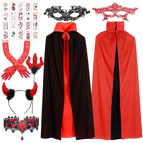 SOETDERT Teufel Kostüm Damen, Halloween Kostüm Damen Teufel, Halloween Vampir Umhang mit Teufelshörner, Teufelgabel, Schwarz Rot, Devil Kostüm für Halloween Karneval Mottoparty Cosplay von SOETDERT