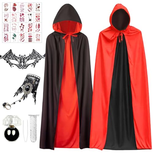 SOETDERT Vampir Kostüm Damen, Halloween Kostüm Damen, Halloween Vampir Umhang Kapuze mit Vampirzähne, Tattoo-Aufkleber, Schwarz Rot Vampir Kostüm für Halloween Karneval Cosplay Party von SOETDERT